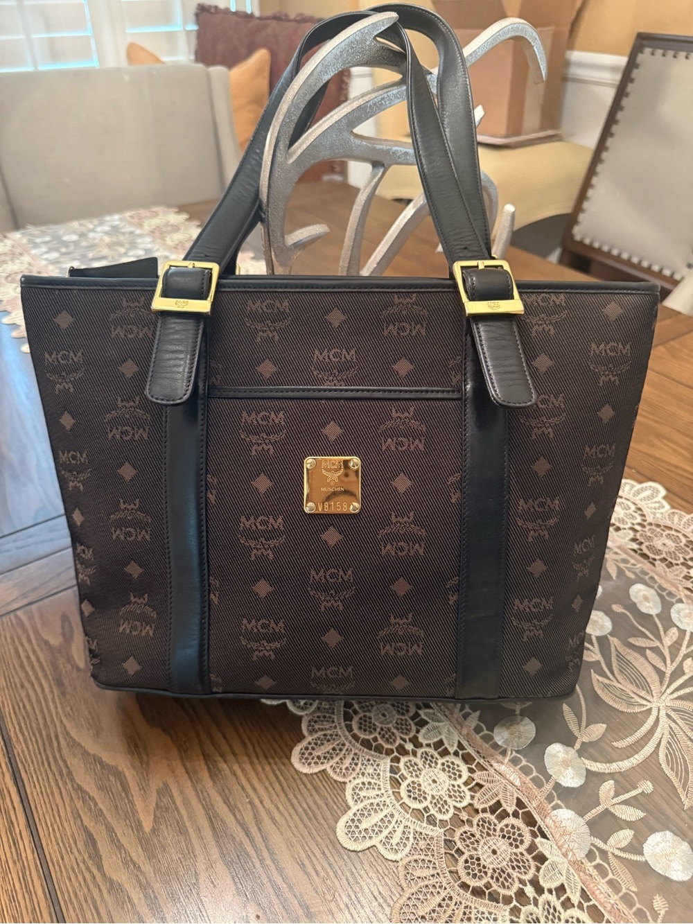 MCM Brown and Black Monogram Shoulder Bag